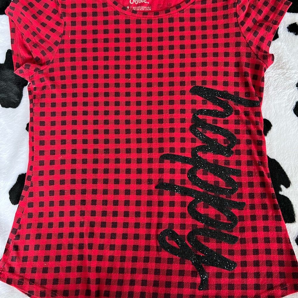 Girl’s Red mini plaid Justice brand tee